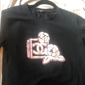 CHANEL Black Tee with White and Pink Floral Logo